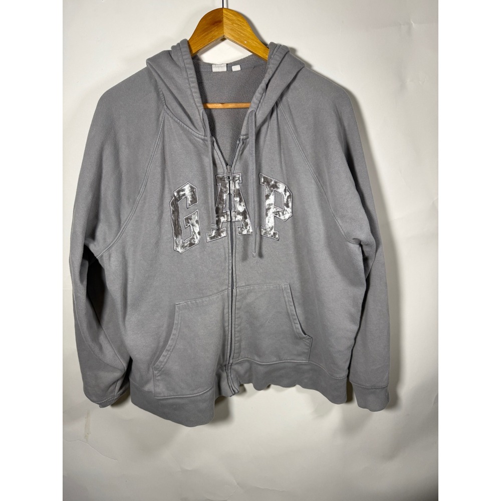 GAP Mens Full Zip Hoodie Gray Silver‎ Foil Logo Fleece Sweatshirt XL
